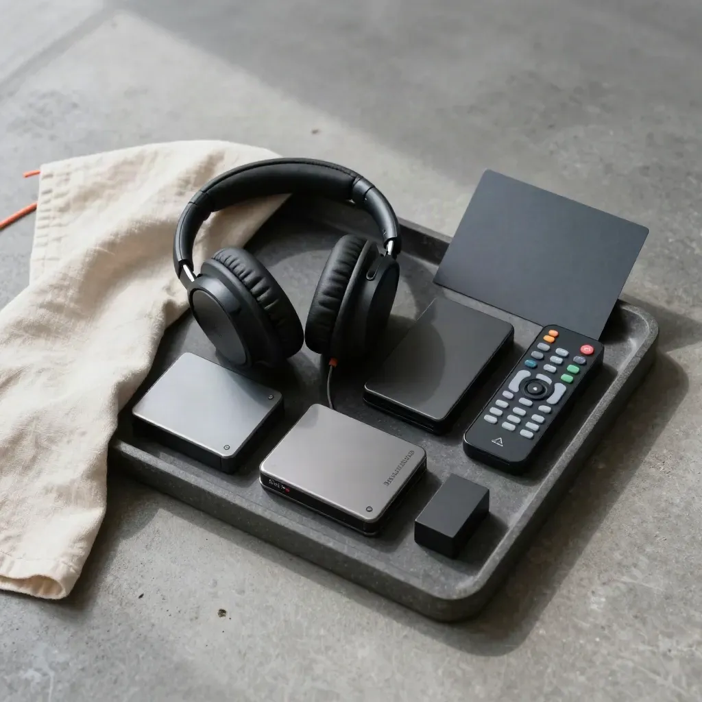 Auriculares, SSD y control de color sobre una bandeja oscura con luz suave.