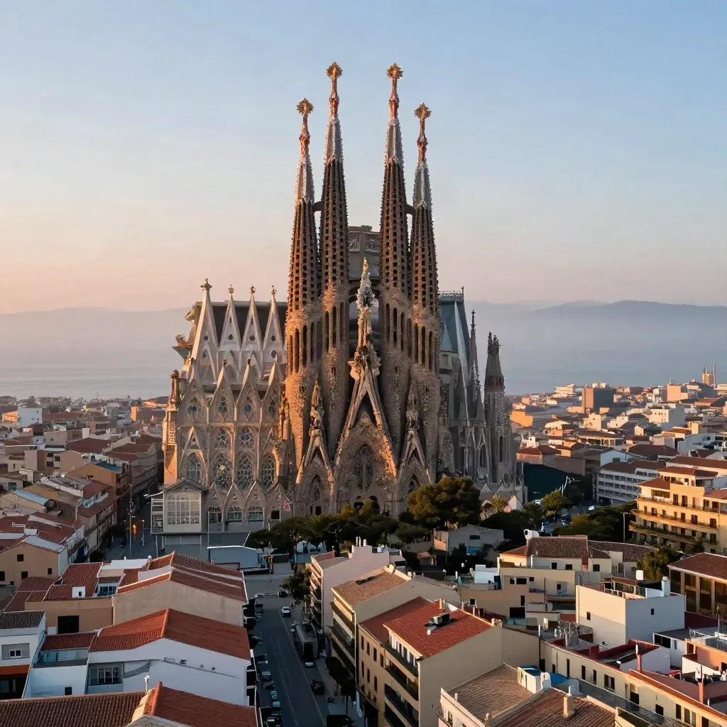 Sagrada Família sobre el Eixample con bruma marina y luz coral al atardecer