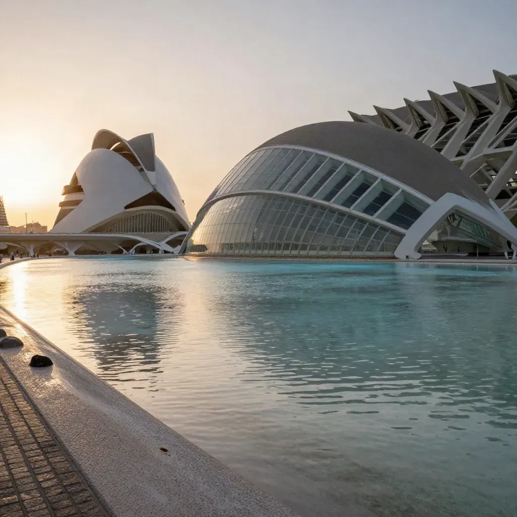 Ciudad de las Artes y las Ciencias de Valencia reflejada en agua quieta al atardecer